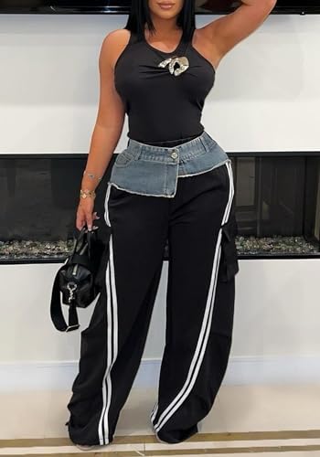 Womens Denim Patchwork Striped Sweatpants Casual Wide Leg Baggy Elastic High Waisted Pants with Pockets2