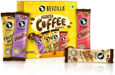 Bevzilla 48 Flavoured Instant Coffee Sachets (48 X2 Gram Sachets)| Turkish Hazelnut, Colombian Gold, French Vanilla & English Butterscotch | 12 Sachets Each Flavour| Hot & Cold Coffee| Makes 48 Cups| 100 % Arabica Coffee| Strong Coffee| Best Coffee| Espresso, Latte, Cappuccino