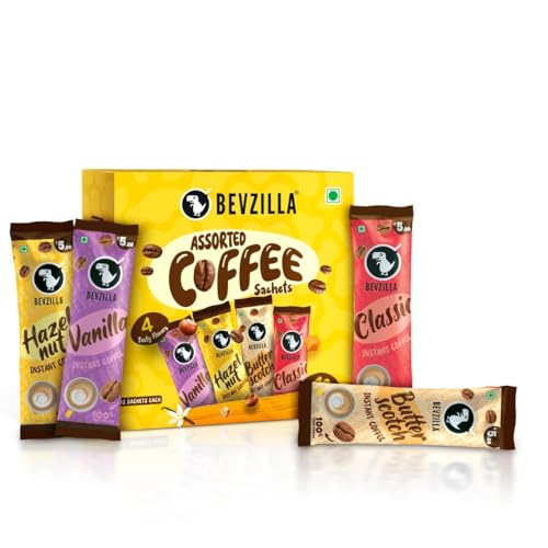 Bevzilla 48 Instant Coffee Powder Sachets| 2g per Sachet|Hazelnut, Classic, Vanilla, Butterscotch |12 Pouches Each Flavour|Hot/Cold Coffee|100% Arabica Beans|Best for Espresso, Latte, Cappuccino