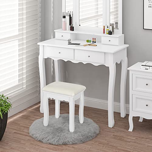 WOLTU Dressing Table Stool, White Padded Vanity Stool, Make-up Chair for Bedroom, Pinewood Legs, Baroque Style, 37x28x44.5cm, MB6095ws