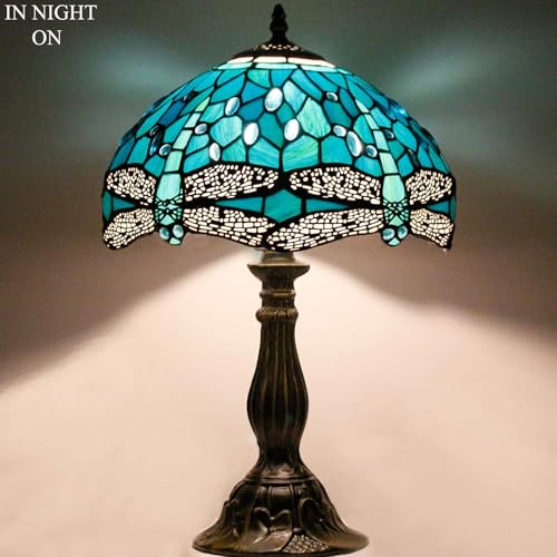 Image of WERFACTORY Tiffany Lamp Green Blue Stained Glass Bedside Table Lamp 18 Inch