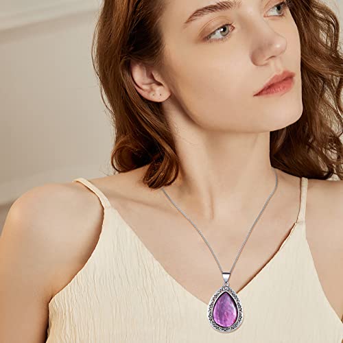 Kzyoye Teardrop Stone Pendant Necklace Purple Abalone Necklace Water Drop Natural Birthstone Necklace For Women Girls Vintage Charm Jewelry Valentine's Day Birthday Gift #TOP1