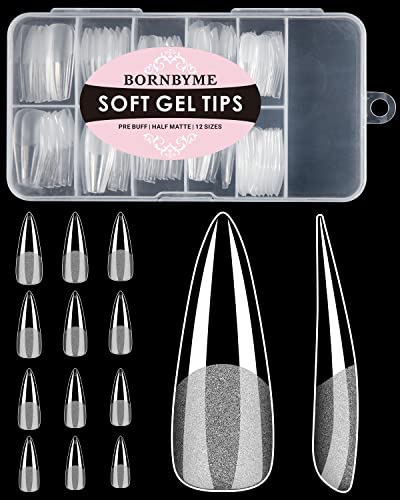 Soft Gel Nail Tips Long Stiletto, 120Pcs Pre Buff Full Cover Nail Extenison Tips Half Matte Gel X Nail Tips Bornbyme #TOP2