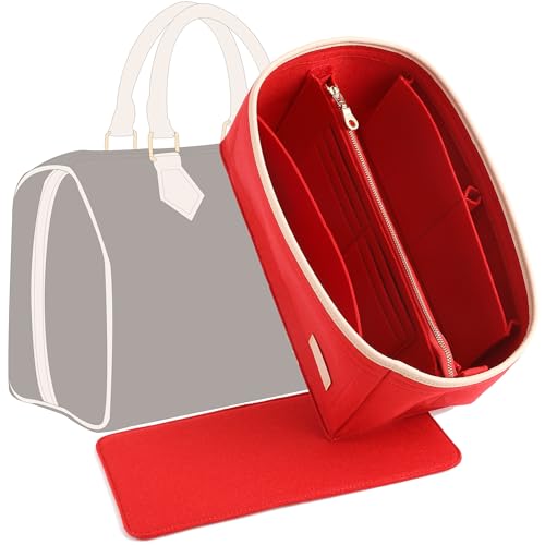 KESOIL Purse Organizer Insert for Handbags, Fit Speedy 25,LePliage S,Neverfull Felt Tote Insert with Base Shaper Zipper Bag in Bag (Red-Felt, Medium)