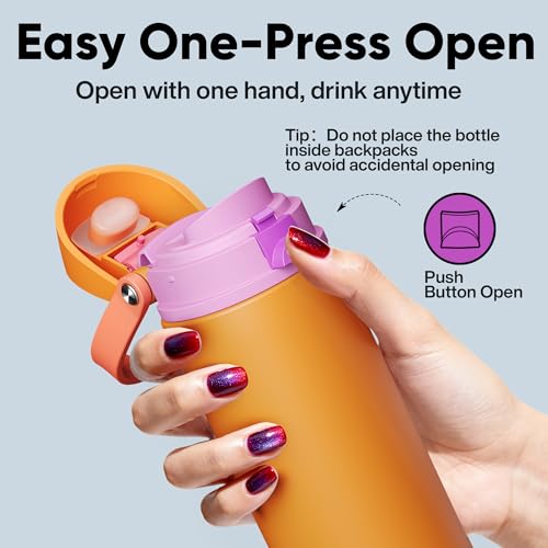 Image of Insulated Water Bottle with Straw - Encool Stainless Steel Water Bottle with Push Button Lid, Leak-Proof & BPA-Free, Keeps Cold for 24 Hours for Sports, Travel, Gym (24 oz, Tiger Eye)