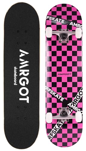 Amrgot Skateboards for Beginners,31 * 8 inches Complete Skateboards for Kids,Boys,Girls and Adults,7 Layer Maple Wood,Double Kick Deck Concave Standard and Tricks Skateboard (Purple Checkerboard)