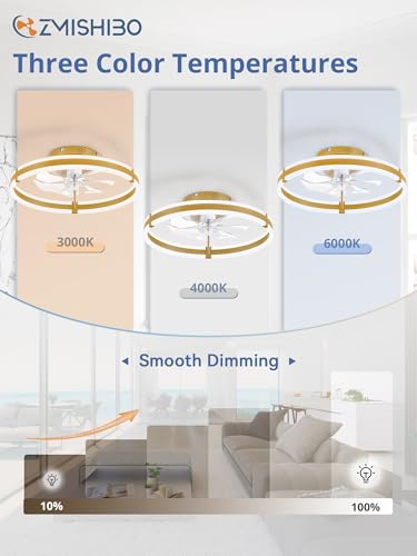 Image of ZMISHIBO Ceiling Fans with Lights and Remote, 19.7'' Low Profile Ceiling Fan, 3000-6000K Dimmable Modern Flush Mount LED Fan Light, 6 Wind Speeds, Gold Fandelier Ceiling Fans for Bedroom