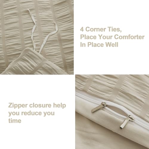 AveLom Beige Seersucker Duvet Cover Set King Size (104 x 90 inches), 3 Pieces (1 Duvet Cover + 2 Pillow Cases), Ultra Soft Washed Microfiber, Textured Duvet Cover with Zipper Closure, Corner Ties