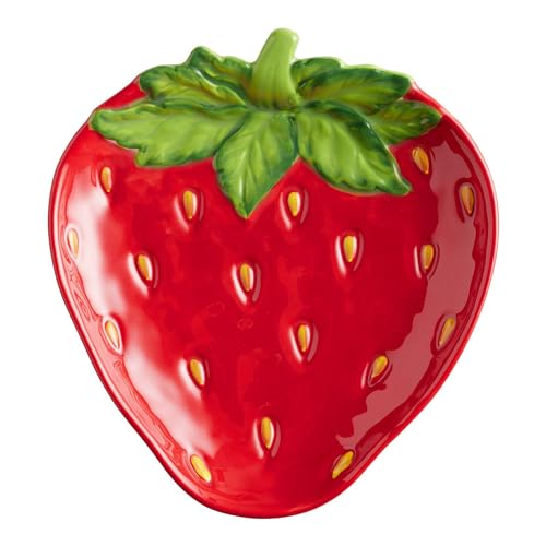 Strawberry Plates Ceramic Appetizer Plates - Hand Painted Strawberry Figural Ceramic Plate for Salad, Cereal, Dessert or Dinner - Platos de Cocina - Creative Fruit Shape Stoneware Dish for Snacks