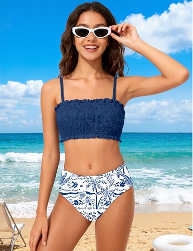 Image of NECIOUS Girls Swimsuit, 3 Piece Bikini Bathing Suit Tropical Floral Swimwear with Cover Up Pants 7-16Y