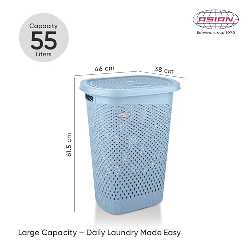 Image of Asian Plastowares - Verona Laundry Basket with Lid | Large Size | Multi-Utility Storage Basket /Bin for Clothes, Toys, Kitchen & Household | BPA Free | Durable & Space-Saving | Bluish Grey