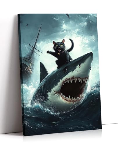 Black Cat Wall Art Cat Riding Shark Poster Funny Pet Picture Vintage Gothic Kitten Canvas Prints for Living Room Bathroom Wall Decor Framed - 16.00"x24.00"