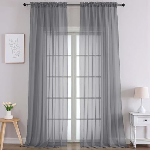 Image of Chyhomenyc Extra Long Charcoal Grey Sheer Curtains 108 Inches Long 2 Panels, Light Filtering Curtains for Living Room, Soft Gentle Voile Rod Pocket Bedroom Window Drapes, 59Wx108L Inch, 9FT, 2PCS