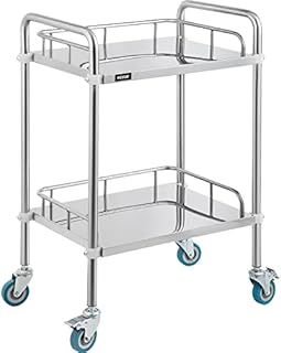 VEVOR 2-Layer Lab Medical Cart Stainless Steel 4 Universal Wheels Trolley Cart Lab Medical Equipment Cart Trolley for Lab Hospital Clinics 56.9 x 38.4 x 87.1 cm Silver