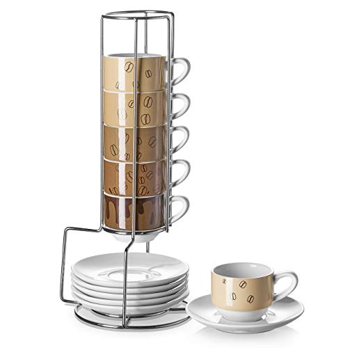 DOWAN Espresso Cups with Saucers and Metal Stand 2.8 oz (85mL