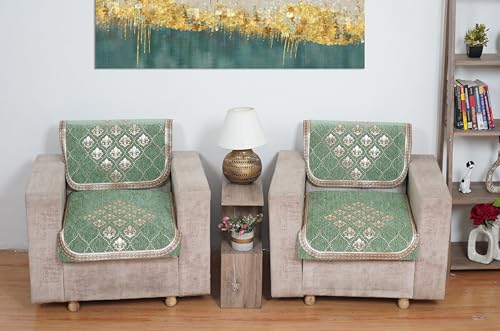 Image of MORADO Chenille 5 Seater Sofa Set Slipcover for Living Room, Drawing Room and Offce (3 Sitting +3 Back Sofa Cover + 2 Sitting + 2 Back Sofa Cover) - Light Green