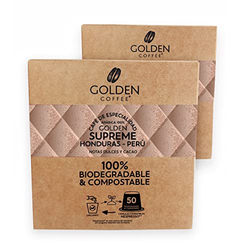 Cápsulas Café Biodegradables y Compostables Compatibles con Nespresso | 2 cajas de 50 Cápsulas de Especialidad Supreme | Café Tostado Arábica 100% | Cuerpo Cremoso y Sabor Intenso | Golden Coffee Cover