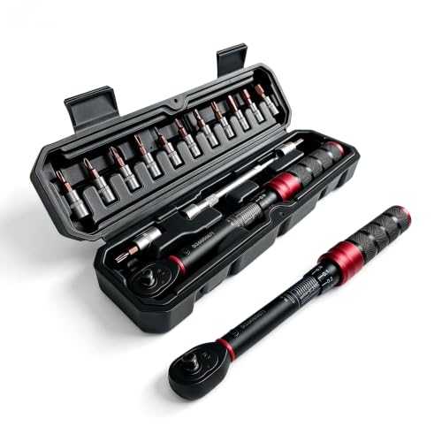 WORKKOOL 1/4" Bike Torque Wrench Set 72-Tooth Dual Direction, 15PCS Drive Click Torque Wrench Double Scale 2-24Nm/1.47-17.7ft.lb/17.7-212.42in.lb for Bicycle, Motorcycle