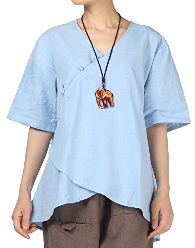 Minibee Women's Linen Retro Chinese Frog Button Tops Blouse Blue Xl #TOP1