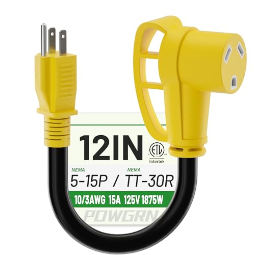 POWGRN RV 30 Amp to 110 Adapter 12 inch, Heavy Duty 10/3 Gauge RV Electrical Adapter, NEMA 5-15P Male to NEMA TT-30R Female, STW 10AWG 15A 125V 1875W, Black-Yellow, ETL Listed