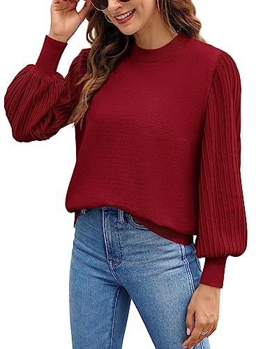Ybenlow Women's 2024 Casual Crewneck Pleated Lantern Long Sleeve Pullover Sweater Loose Ribbed Knit Jumper Tops3