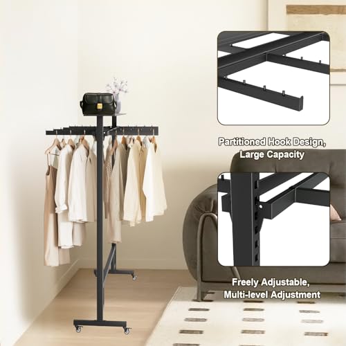 BFECGDXT Retail Clothing Rack with Adjustable 8 Arms, Portable Boutique Display Hanging Stand on Wheels and Top Shelf, Floor Standing Metal Garment Shirts Racks, Black