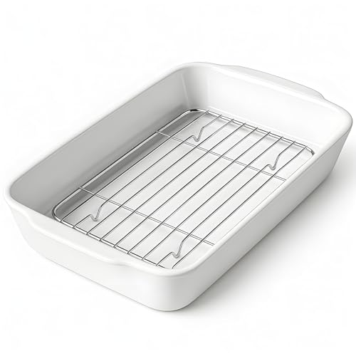HOMBENE 2 QT Small Ceramic Baking Dish, White Casserole Dish with Roasting Racks, Lasagna Pan for Oven, Ceramic Baking Pan, Kitchen Decor, Microwave Oven Safe, Dinner, Wedding (7.6 inch x 12.3 inch) HOMBENE 2 QT Small Ceramic Baking Dish, White Casserole Dish with Roasting Racks, Lasagna Pan for Oven, Ceramic Baking Pan, Kitchen Decor, Microwave Oven Safe, Dinner, Wedding (7.6 inch x 12.3 inch)