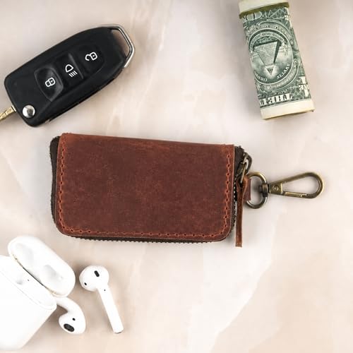 Image of Handmade Full Grain Leather Car Key Holder & Zippered Coin Purse | Belt Loop Key Chain, Compact Earphone Holder Multi-Functional Money Purse Elegant Leather Accessory Versatile Key Organizer (Tan)