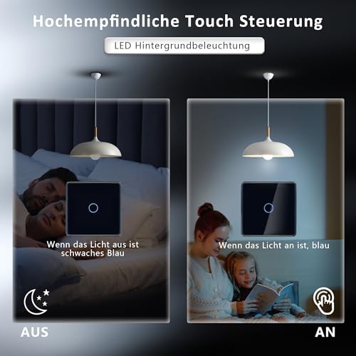 TAWOIA Touch Lichtschalter 1 Fach 1 Wege Lichtschalter Unterputz Lichtschalter mit 2.5D Curved Lichtschalter Glas Platte 86 * 86mm Wandlichtschalter Schwarz