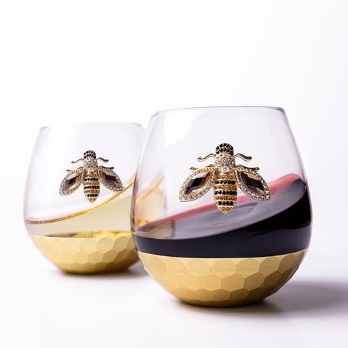 Modern Outlet Home Decor Honey Bee Stemless Wine Glasses - Set of 2 Luxury Crystal Glassware with Jeweled Honey Bee - Unique Wine Lover Gifts for Women - Tumbler for Cocktails