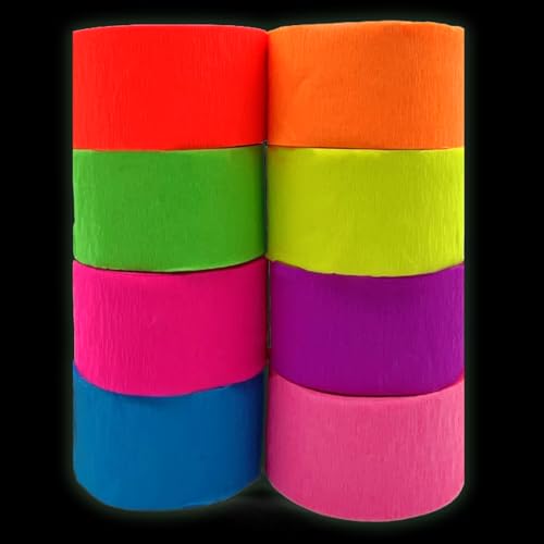 Image of 880feet Blacklight Party Streamer Decorations 8 Rolls Glow Crepe Paper UV Reactive Fluorescent Neon Paper Streamers Glow Party Supplies and Decorations for Wedding Birthday Neon Fiesta Party