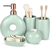 FoldTier Juego de 5 accesorios de baño de cerámica que incluye dispensador de jabón, soporte para cepillo de dientes, soporte para caja de jabón, elegante y moderno, decoración de esmalte mate (verde)