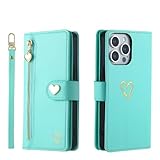 Beajew Hülle für alcatel 3L (2019), 9 Kartenfäche Leder Geldbörse Stoßfest Flip Hülle mit Handschlaufe Standfunktion Reißverschluss Handyhülle Magnetverschluss Wallet,Hellgrün