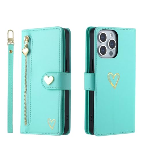 Beajew Hülle für alcatel 3L (2019), 9 Kartenfäche Leder Geldbörse Stoßfest Flip Hülle mit Handschlaufe Standfunktion Reißverschluss Handyhülle Magnetverschluss Wallet,Hellgrün