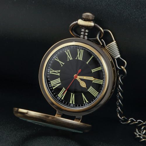 Image of Tiong Transparent Cover Pocket Watches Quartz Roman Numerals Men Arabic Numerals with Chain&Box(Bronze-R)