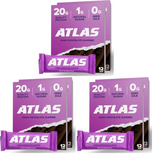 Image of Atlas Real Food Protein Bar - 20g Clean Protein, 1g Sugar, No Seed Oils, No Artificial Sweeteners (Dark Chocolate Almond, 24 Count) (Pack of 3)