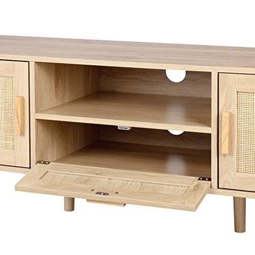 Finnhomy 59" Tv Stand, Tv Console For Up To 65 Inches Tv With 2 Hand Made Rattan Decorated Doors, Living Room Entertainment Center Tv Table With Storage, Natural #TOP6