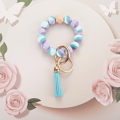 Coolcos Silicone Key Ring Bracelet For Women Portable Keychain Holder, Car Keychain Elastic Beaded Wristlet With Tassel (Blue & Orchid) #TOP5