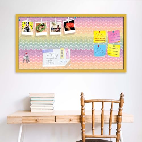 Image of ArtzFolio Wavey | Bulletin Board Notice Pin Board | Vision Soft Board Combo with Thumb Push Pins & Sticky Notes | Golden Frame | 30 x 15 inch (76 x 38 cms)