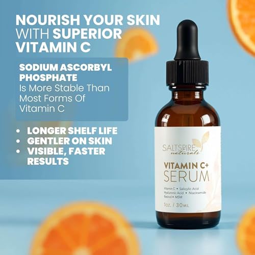 Image of SALTSPIRE Vitamin C+ Face Serum - Brightening & Antioxidant Serum with Ethyl Ascorbic Acid, Ferulic Acid & Vitamin E | Enhances Radiance, Evens Skin Tone & Boosts Natural Glow | 30 mL / 1 oz