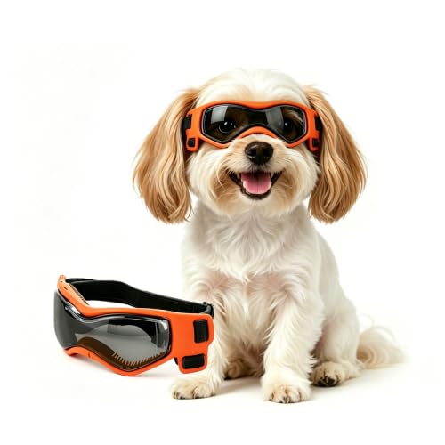 Image of Dog Goggles, Small Breed Dog Sunglasses, UV Protection, Wind & Dust Rain Snow Protection, Orange, Small