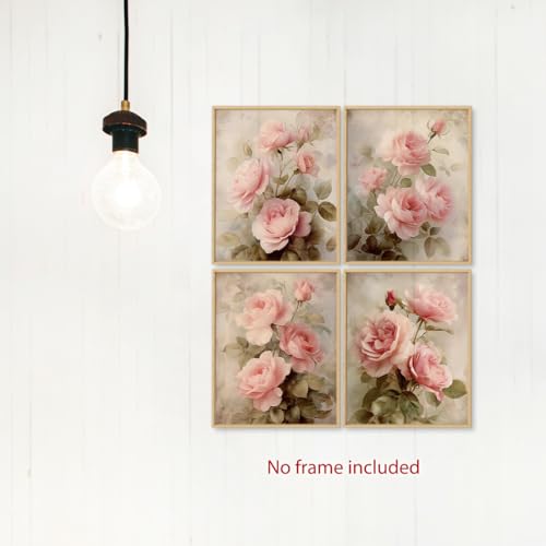 Image of laveliabel Vintage Pink Flower Wall Art Prints Set of 4 Unframed, Shabby Chic Wall Decor, Vintage Retro Floral WallArt, Preppy Coquette Pink Floral Poster Prints for Home Room WallDecor 8x10inches