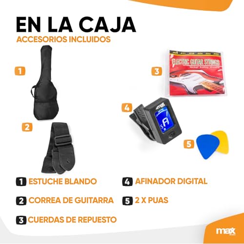 MAX GigKit - kit guitarra electrica para iniciación, amplificador de guitarra eléctrica de 40w, funda de transporte, afinador, cuerdas, palanca tremolo, correa, 2 puas, cable de 3m, Color Sunburst - imagen 5