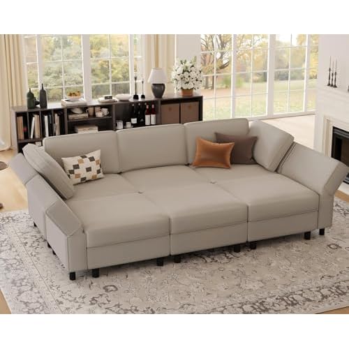 Belffin 88.6" Modular Sectional Sofa,Couch with Deep Seat,Convertible 6 Seat Sleeper Sofa Couch with Movable Storage Ottoman Chaise,Comfy Upholstered Sectional Couches for Living Room,Grey V