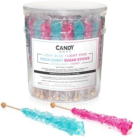 Candy Envy - Light Blue and Light Pink Rock Candy Sugar Sticks - 36 Indiv. Wrapped - Cotton Candy & Cherry Flavored