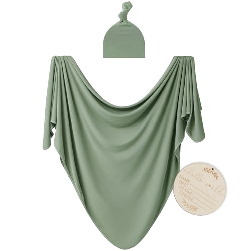 Image of Kloovete Large Jersey Knitted Swaddle Blanket for Baby, Soft Stretchy Receiving Blanket for Newborns with Hat, Baby Nursery Swaddle 47 x 47 inches(Sage)