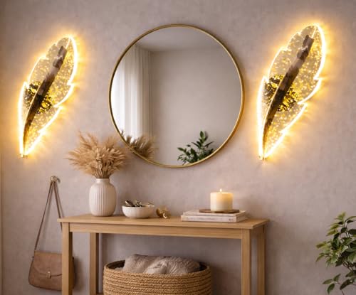Image of SINOMAN Inbuilt LED Led Feather Wall Light Golden Leaf Design 3 Step Adjustable Color Changing Stylish Decorative Ambient Lighting Perfect for Living Room, Bedroom, Balcony, Cafe, Home Decoration