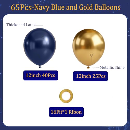 Image of Navy Blue and Gold Balloons, 65pcs 12inch Blue and Gold balloons for Anniversary Wedding New Year Birthday Party Graduation Decorations.
