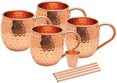 Avador® Set of 4 Handcrafted 100% Pure Copper Moscow Mule Mugs with Shot Glass and Straws Hammered Finish 16 Oz. Elegant Modern Set for Special Occasions | Gifting | Wedding Favors | Beverage Tasting