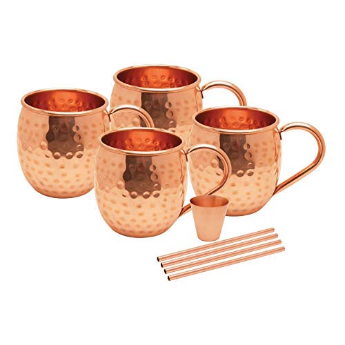 Avador® Set of 4 Handcrafted 100% Pure Copper Moscow Mule Mugs with Shot Glass and Straws Hammered Finish 16 Oz. Elegant Modern Set for Special Occasions | Gifting | Wedding Favors | Beverage Tasting